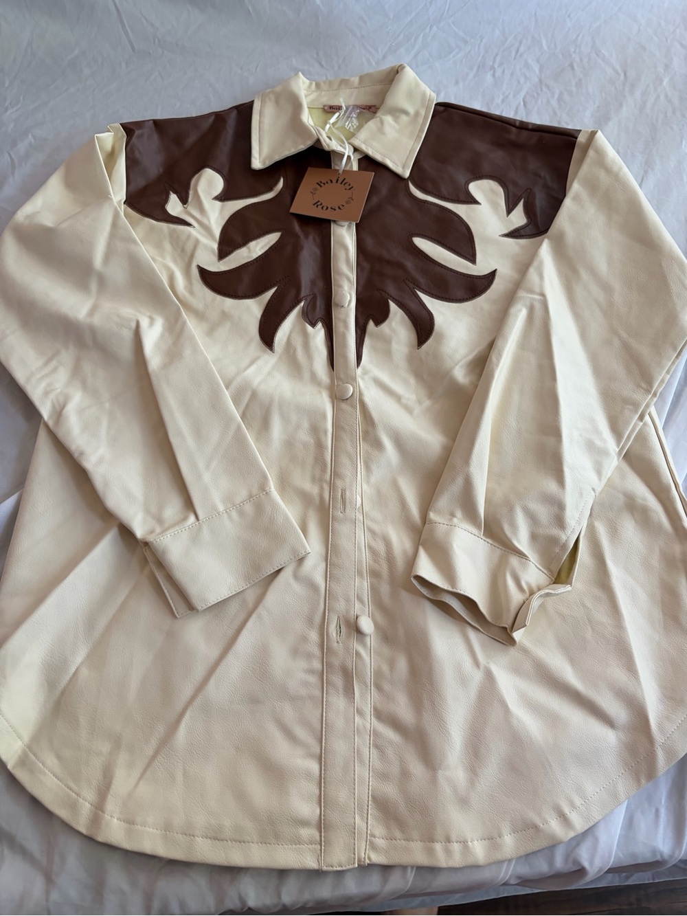 Bailey Rose Women's Cream Button-Down Shirt with Brown Western Yoke Size Large